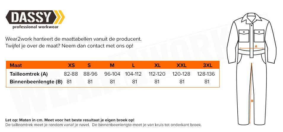 Overall Multinorm Dassy Niort - Maattabel