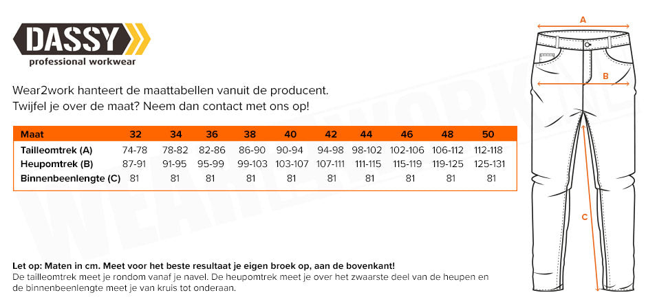 Dassy Dames werkbroek Boston - Maattabel