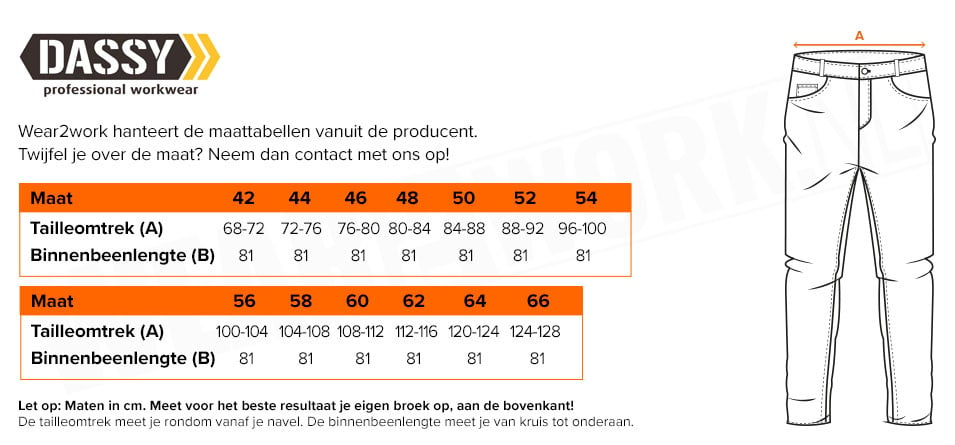 Werkbroek Multinorm Dassy Lincoln - Maattabel