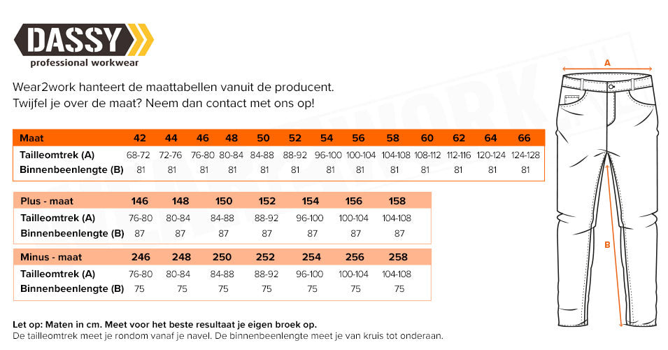 Werkbroek Dassy Matrix 4-way stretch - Maattabel