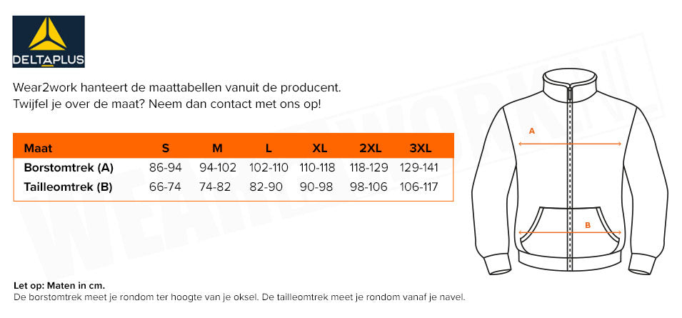 Gevoerde waterdichte werkjas Aren Deltaplus - Maattabel