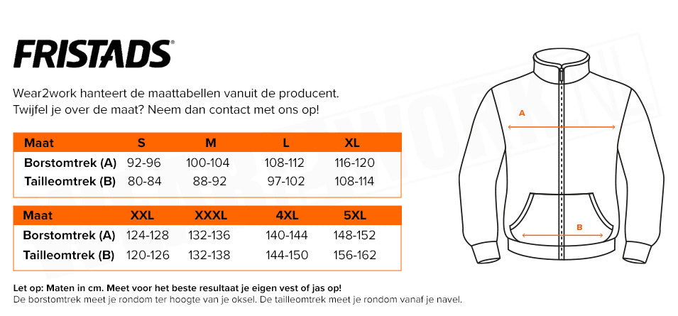 Vest met capuchon Fristads 7831 - Maattabel