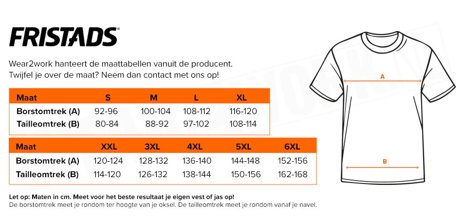 T-shirt Fristads 100% gerecycled polyester 7520 - Maattabel