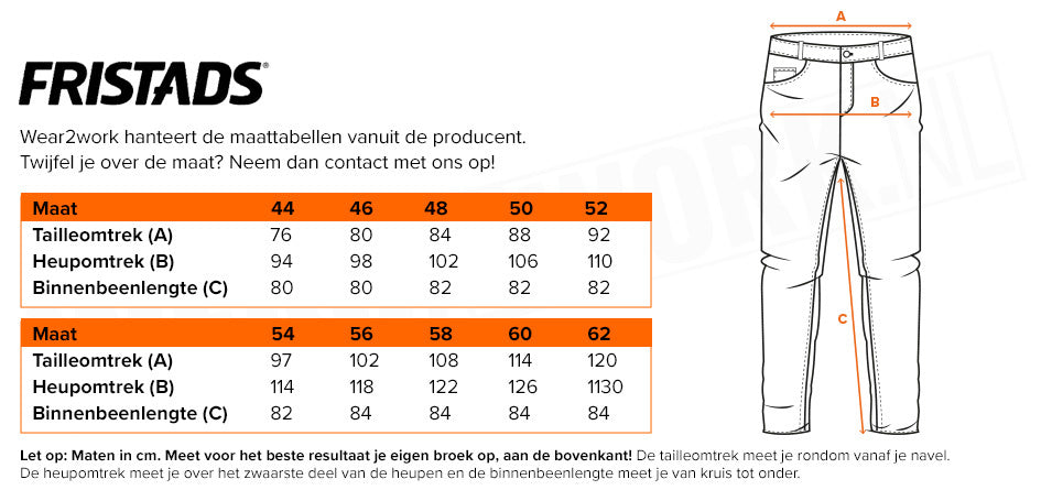 Fristads werkbroek Skarup 2555 grijs - Maattabel