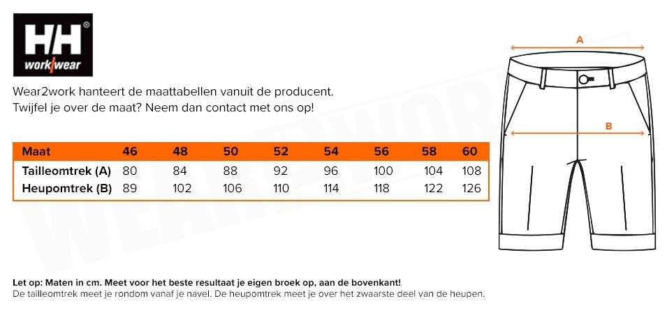 Korte werkbroek Oxford service Helly Hansen - Maattabel
