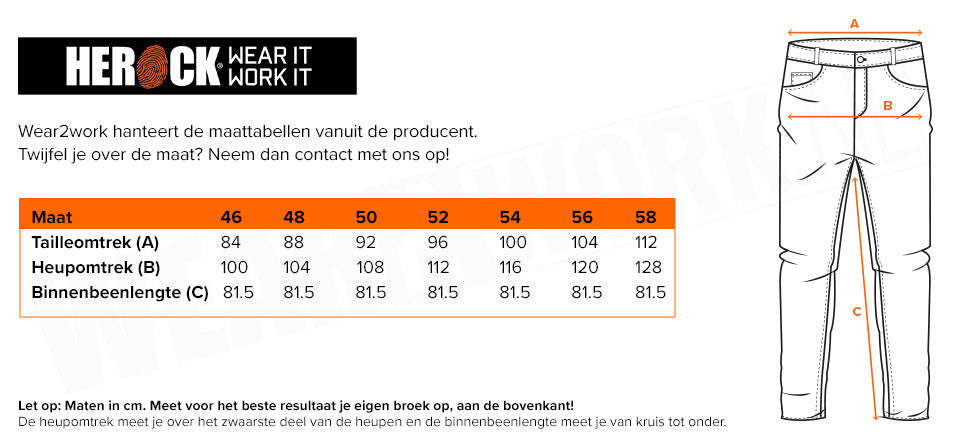 Stretch Werkbroek Herock Hector Grijs - Maattabel