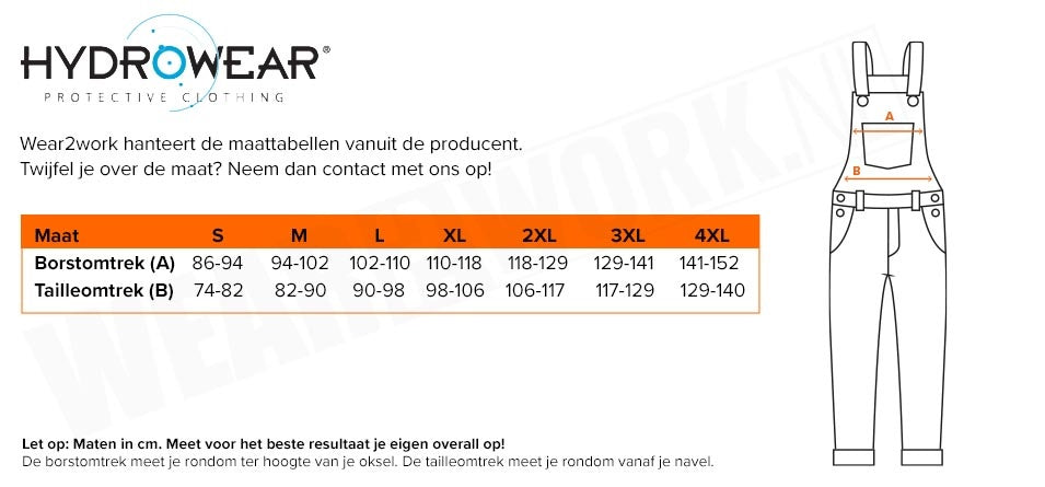 Hydrowear amerikaanse regenoverall Uden - Maattabel