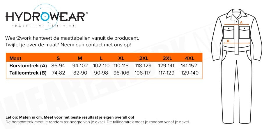 Hydrowear regenoverall Urk - Maattabel