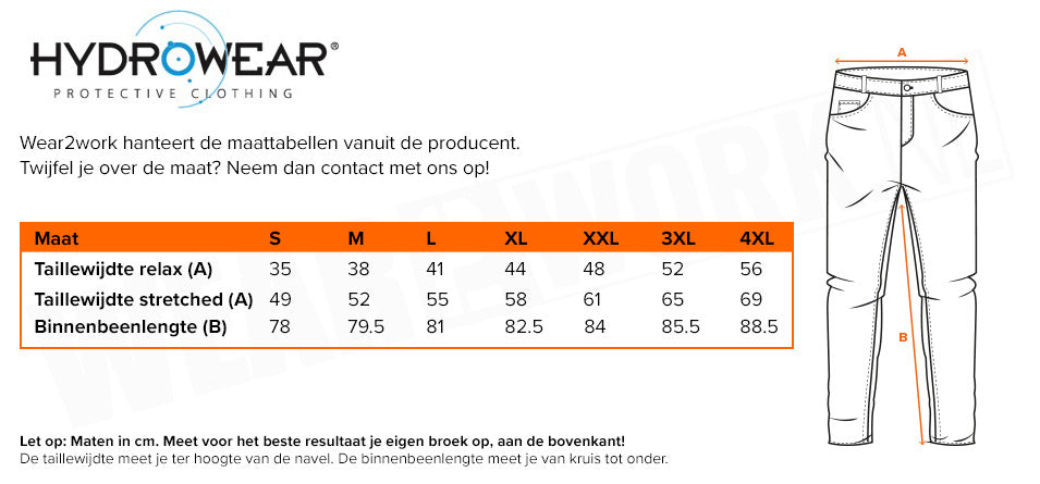 RWS regenbroek Hydrowear Bangkok oranje - Maattabel