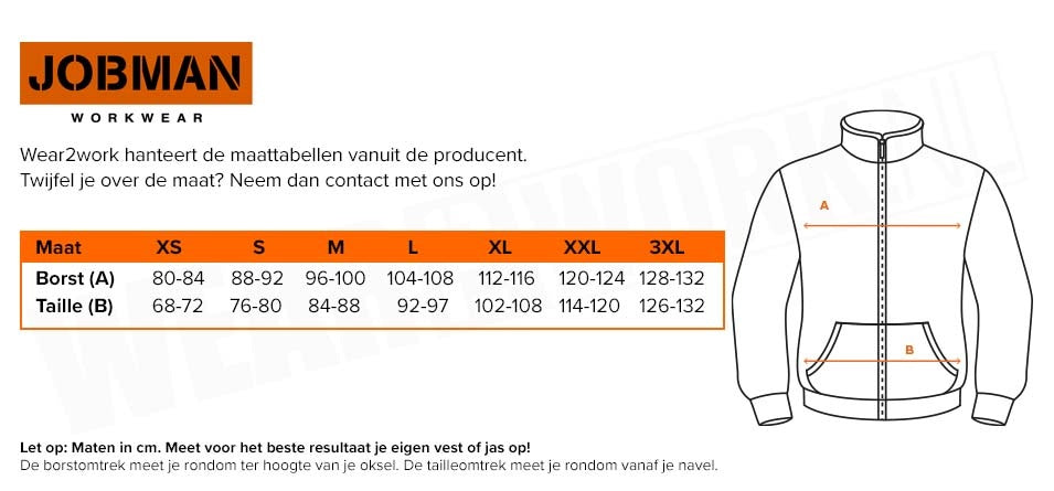 Jobman softshell doorwerkjas 1191 - Maattabel