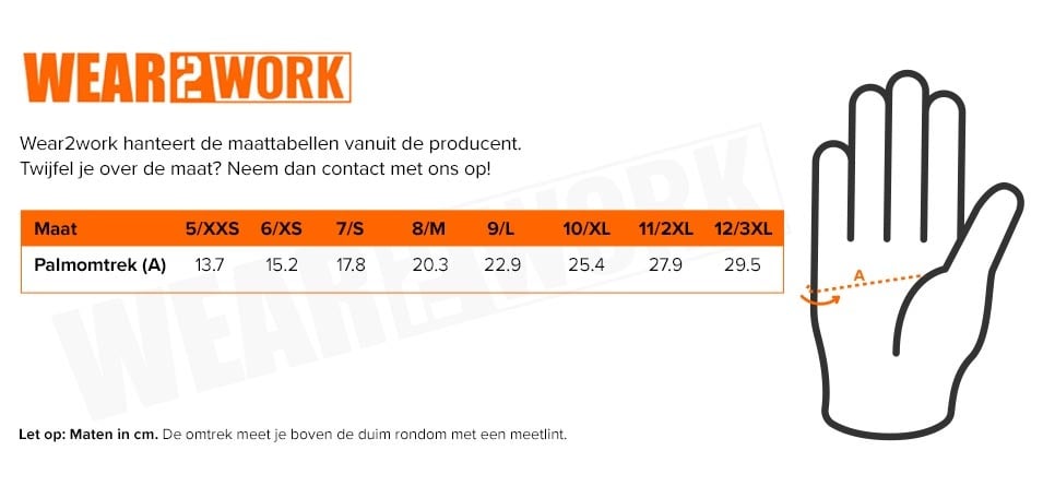 Snijbestendige werkhandschoenen CT32 Portwest - Maattabel