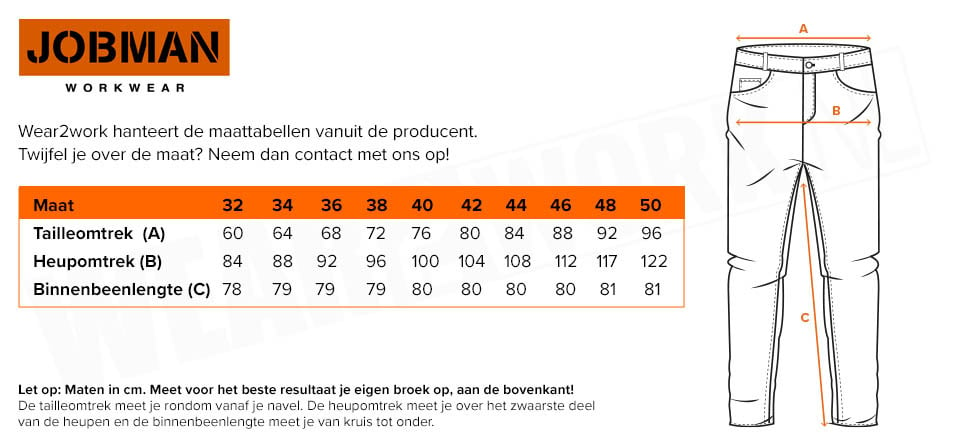 Dames werkbroek 4-way stretch Jobman 2319 - Maattabel