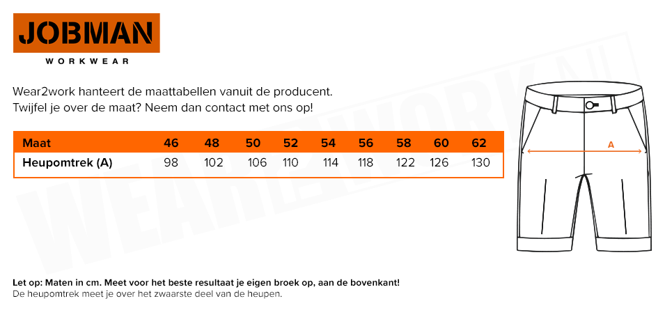 Korte schildersbroek 2132 Jobman - Maattabel