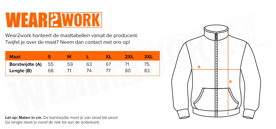 Vlamvertragende werkjas antistatisch - Maattabel