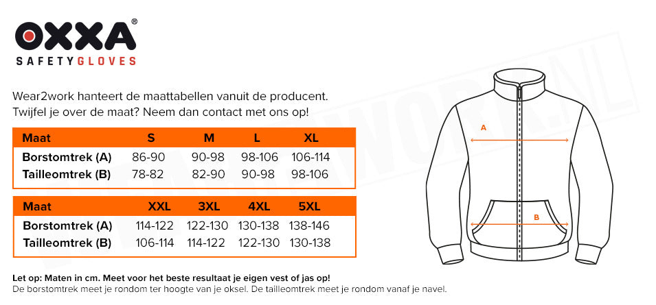 RWS vest met capuchon Oxxa 6230 - Maattabel