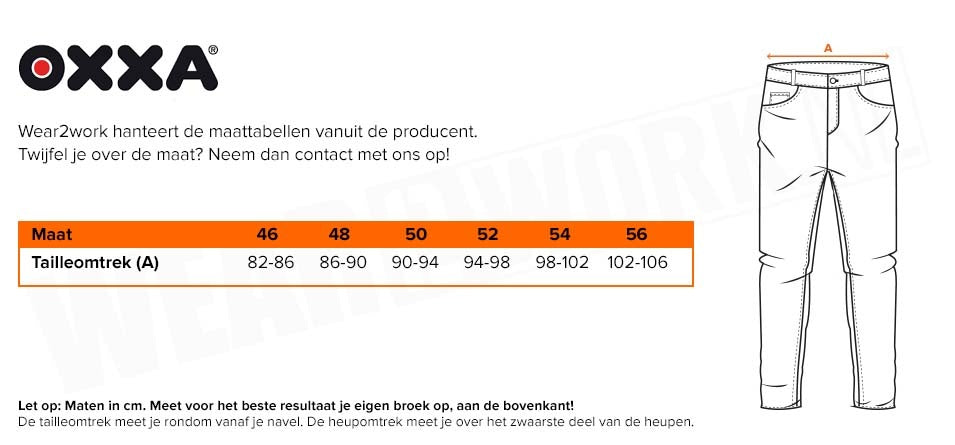 Oxxa schilderswerkbroek - Maattabel