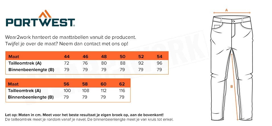 Full stretch werkbroek DX456 - Maattabel