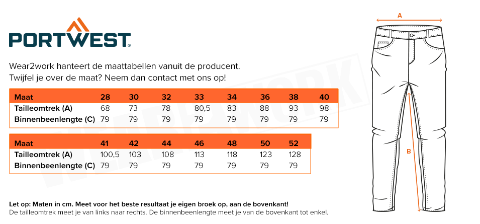 Vlamvertragende werkbroek Portwest FR402 - Maattabel