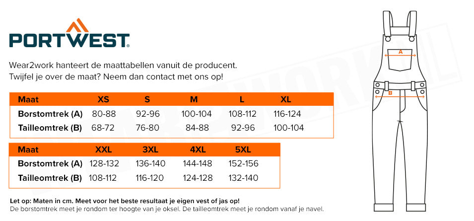 Zaagoverall Amerikaans EN 381 - Maattabel