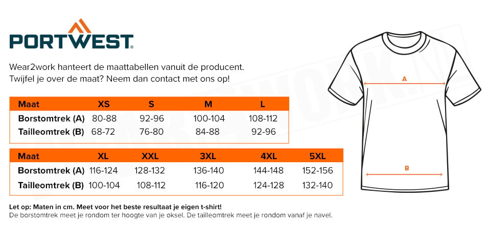 High vis t-shirt geel - Maattabel