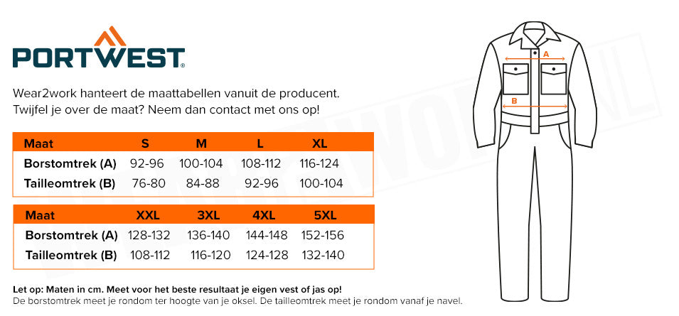 Vlamvertragende overall Portwest FR503 - Maattabel