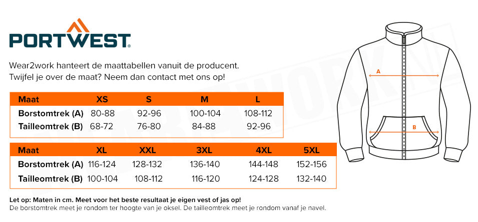 Portwest teddy vest met capuchon KS32 - Maattabel