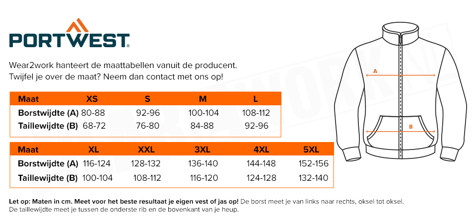 High-visibility 2 in 1 jas Oranje - Maattabel