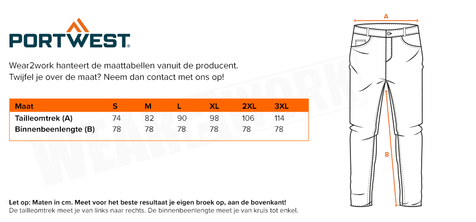 Portwest stretch werkbroek KX3 Oranje - Maattabel