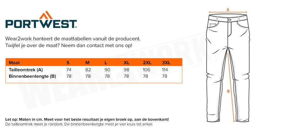 Joggingwerkbroek Portwest KX343 - Maattabel