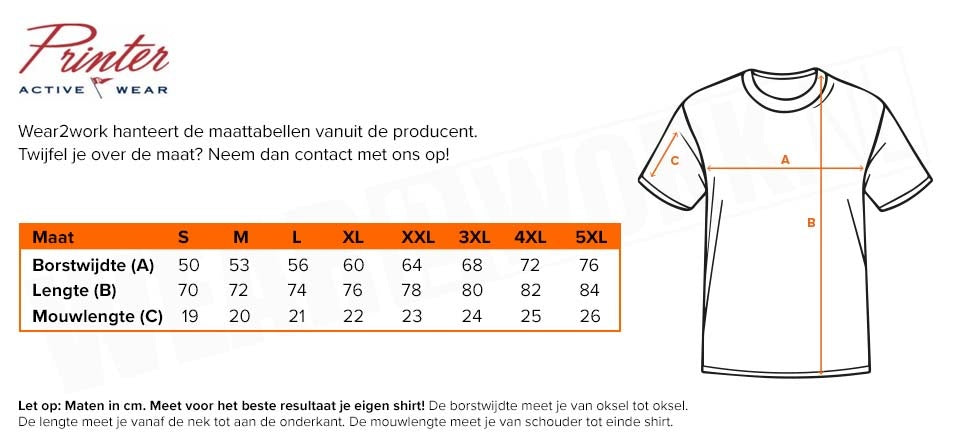 T-shirt v-hals Printer - Maattabel