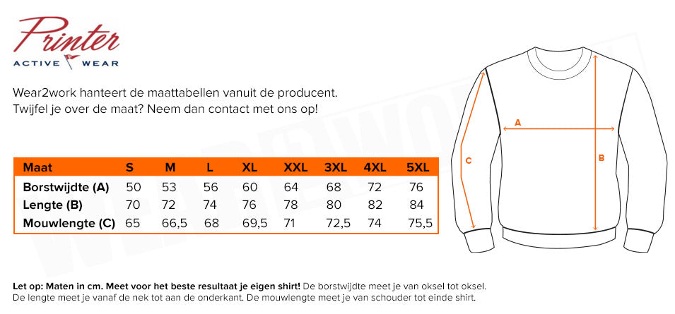 Poloshirt lange mouwen Printer Surf pro - Maattabel