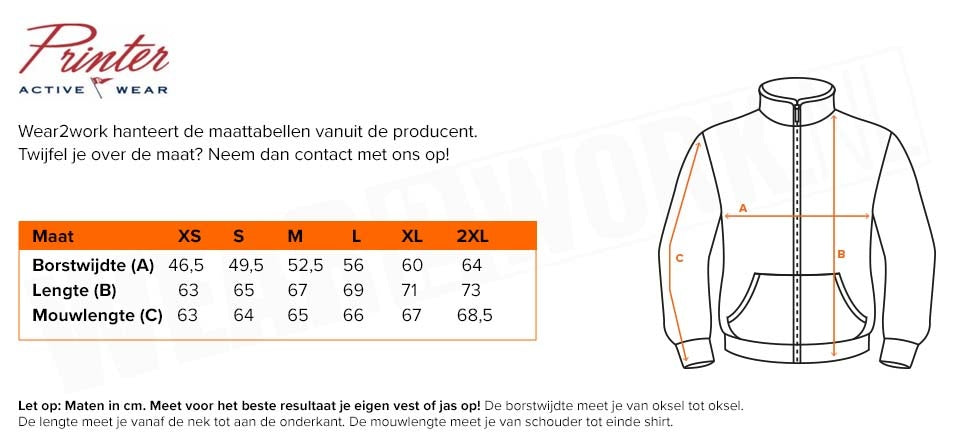 Softshell jas gevoerd Printer Prime Dames - Maattabel