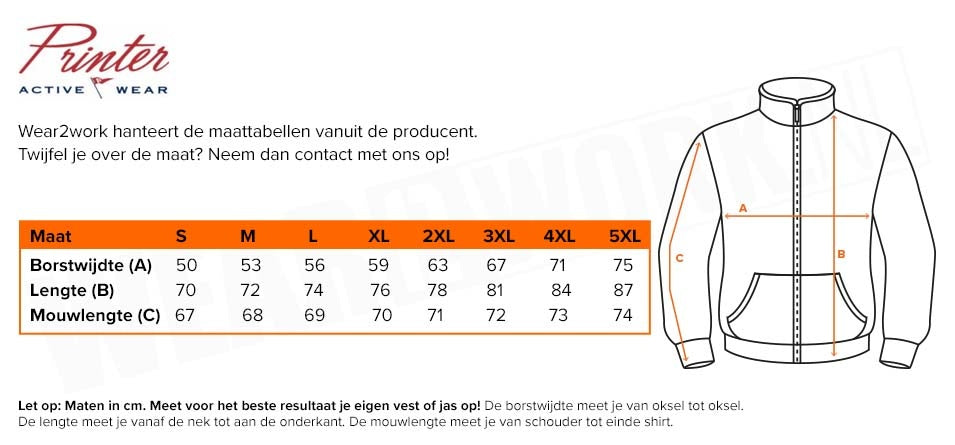 Schildersvest met capuchon Printer Overhead - Maattabel