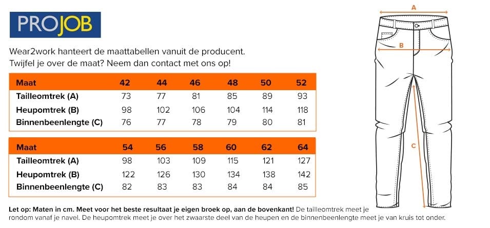 Werkbroek Projob stretch 3520 - Maattabel