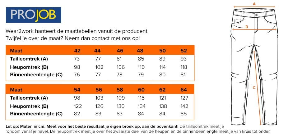 Werkbroek ProJob 5531 Groen - Maattabel