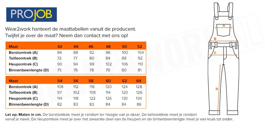 ProJob Amerikaanse overall 5630 Sale - Maattabel