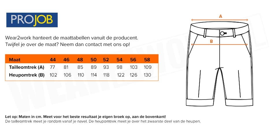 Korte werkbroek Projob 5535 Groen - Maattabel