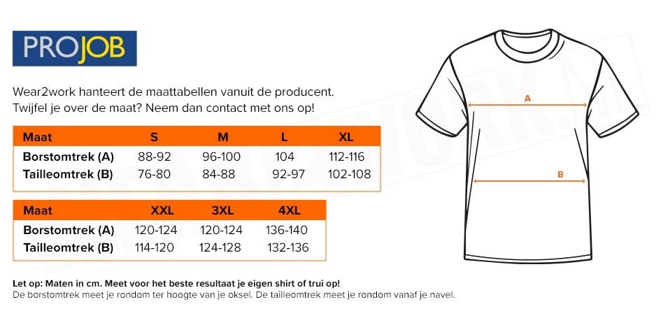 Projob schilders t-shirt ronde hals 2016 - Maattabel