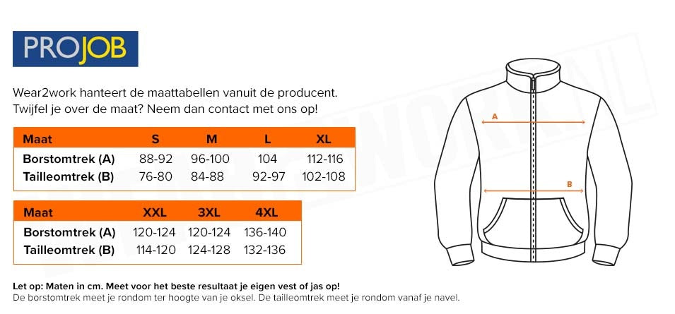 Projob gevoerde werkjas 4441 - Maattabel