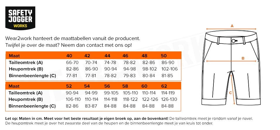 Korte werkbroek Kasai stretch Safety Jogger - Maattabel