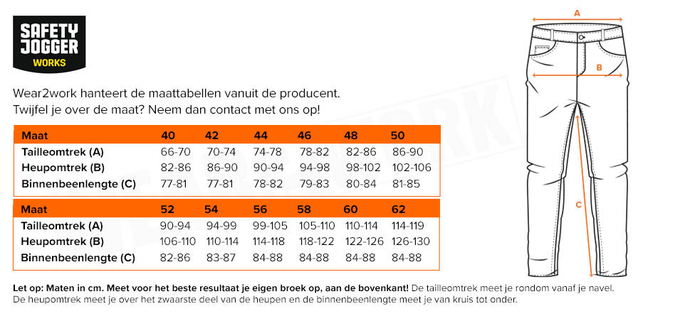 Deneb 4-way stretch werkbroek Safety Jogger - Maattabel