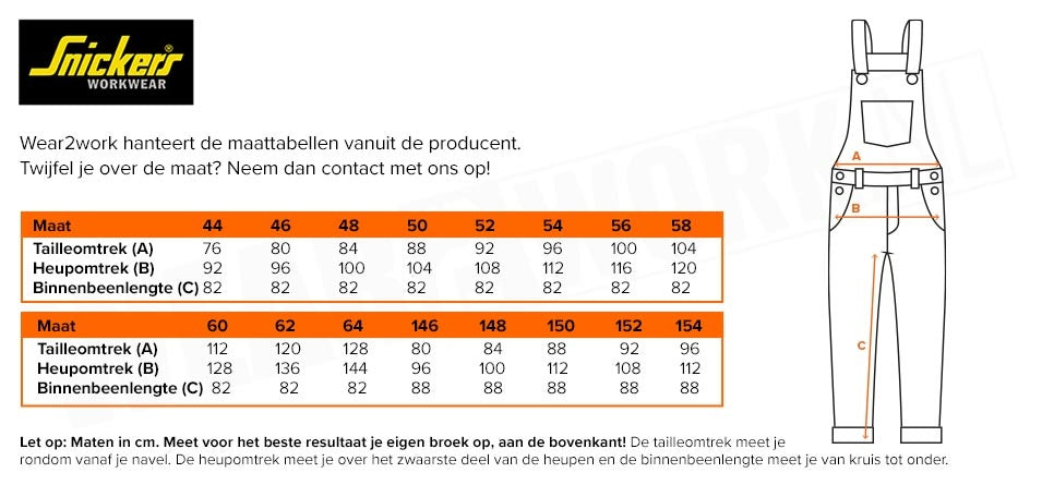 Amerikaanse overall stretch Snickers 6051 - Maattabel
