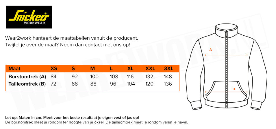 Vest met capuchon Snickers 2880 - Maattabel