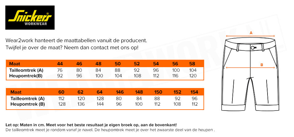 Snickers korte werkbroek stretch 6141 - Maattabel