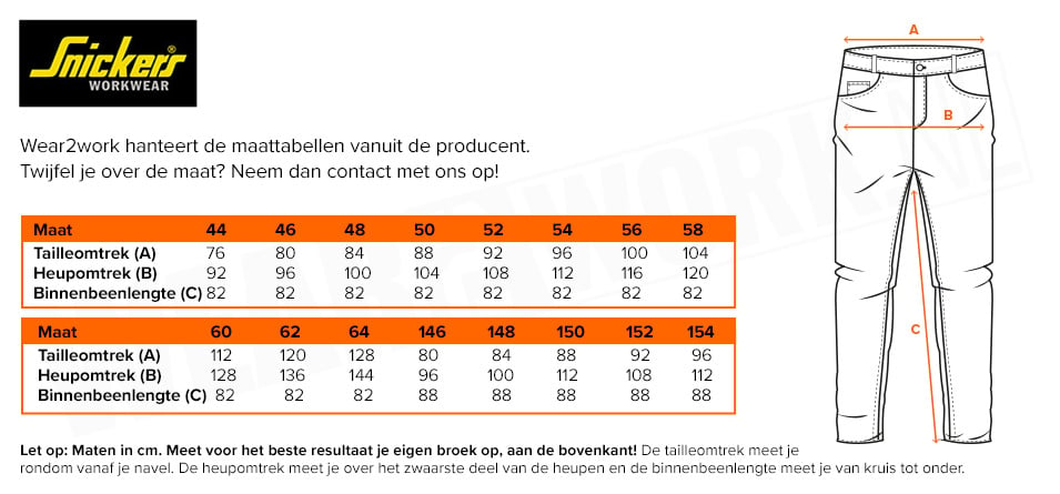 Stretch werkbroek Snickers 6371 - Maattabel