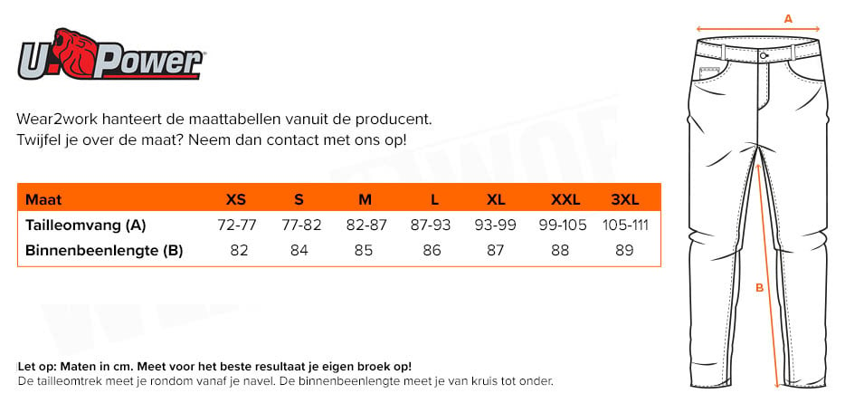 Dames stretch werkbroek U-Power Atom - Maattabel